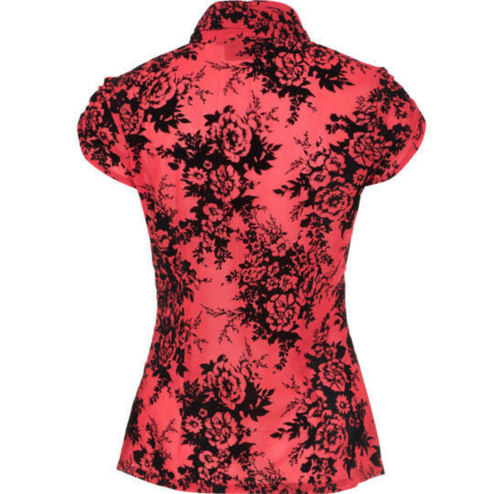 New Fitted Red Black Flocked Neck Tie Blouse M - Picture 2 of 3